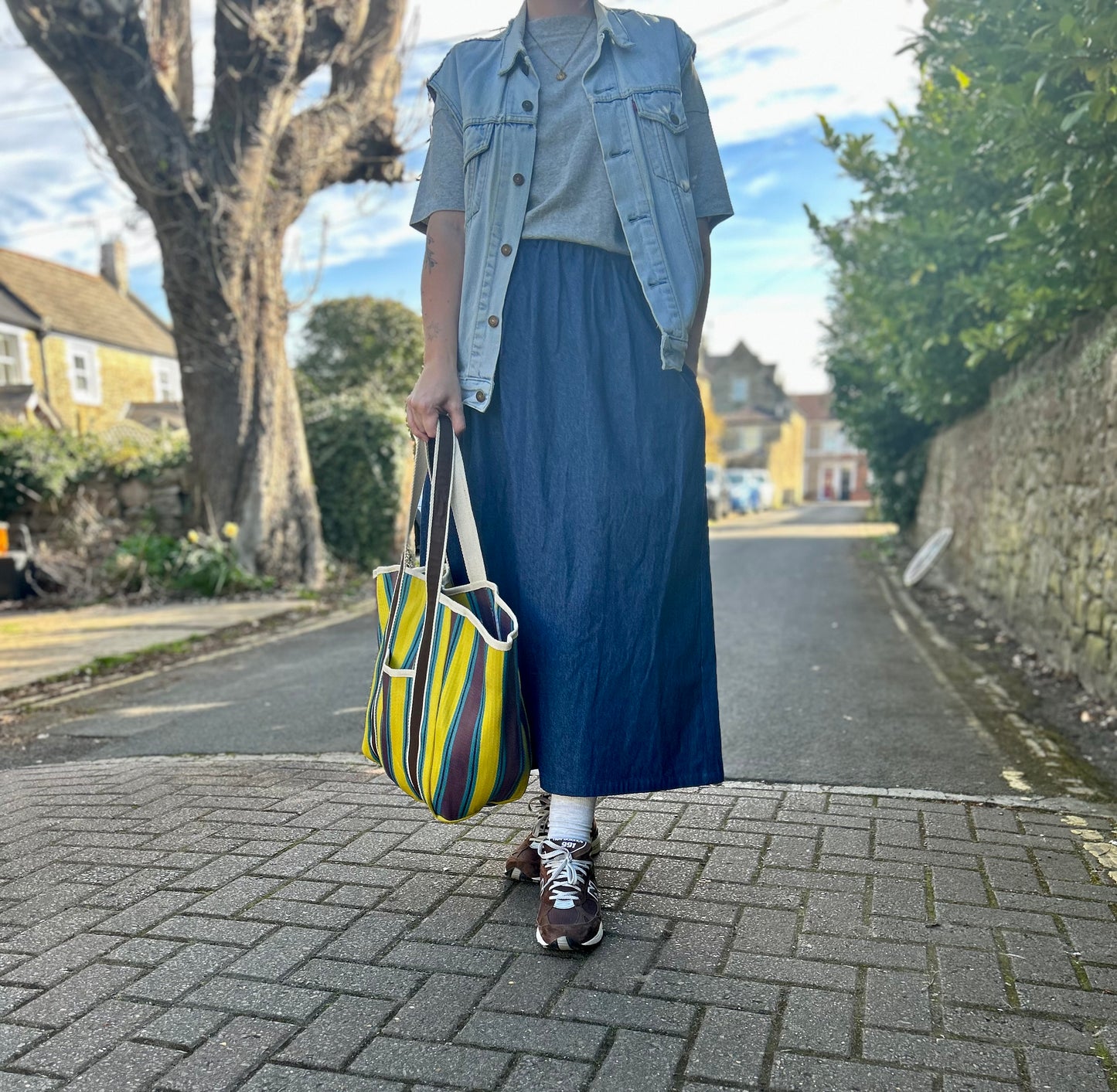 Dark wash denim maxi skirt
