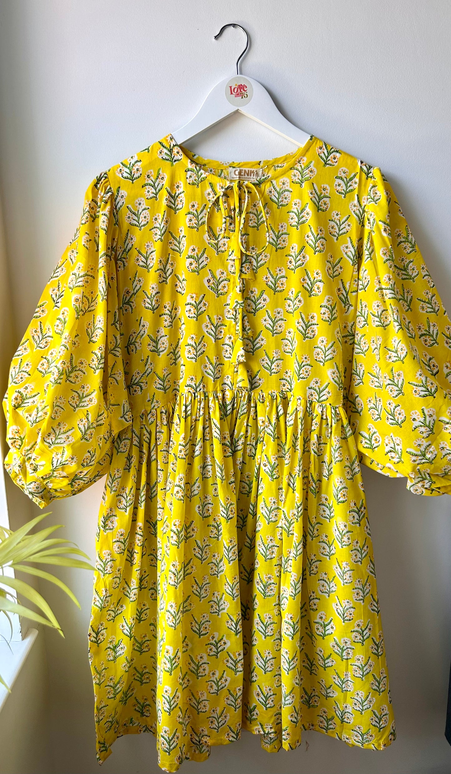 Yellow Floral Block Print Puff Sleeve Dress