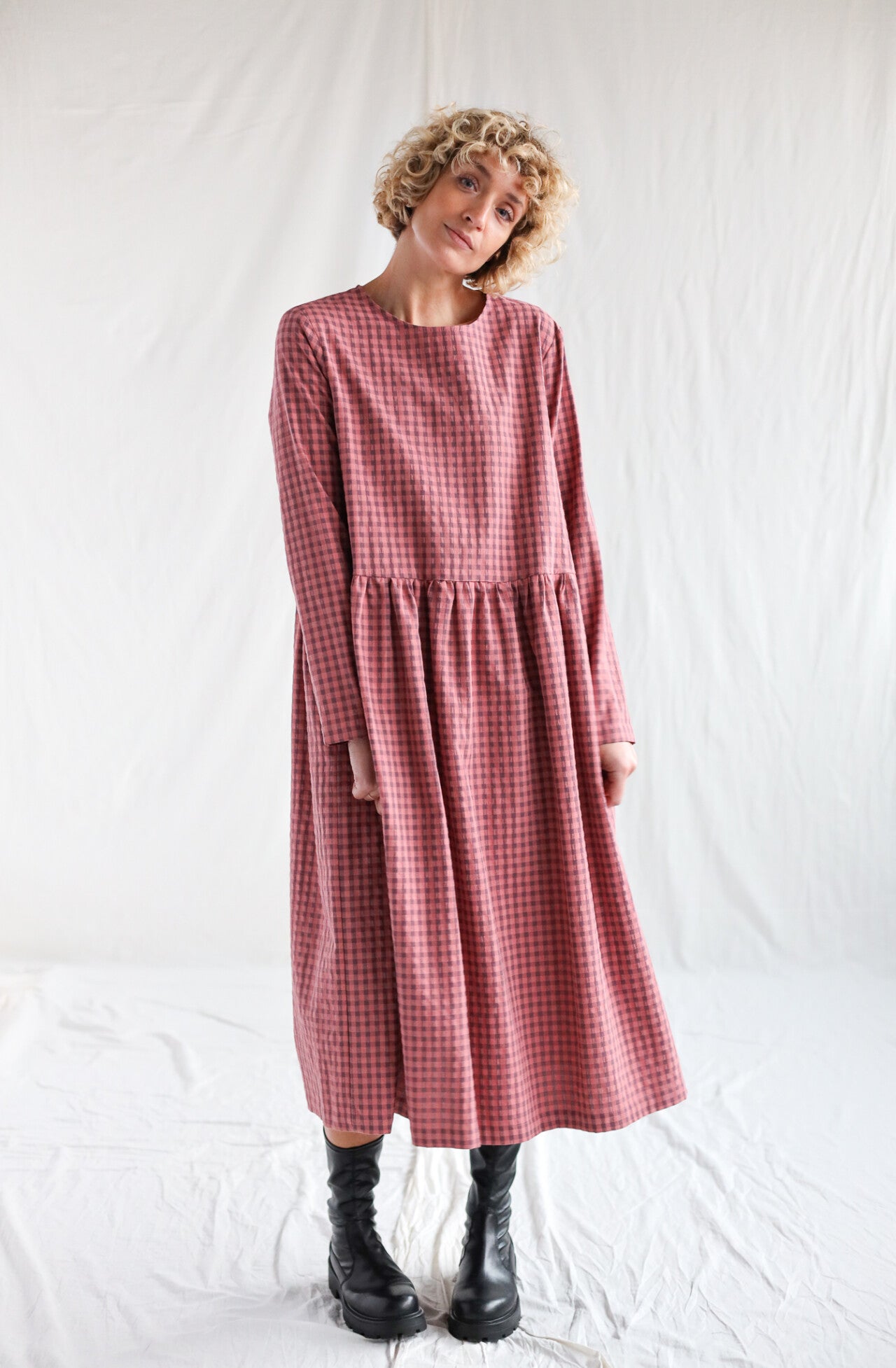 MILANA Long Sleeve Gingham Dress