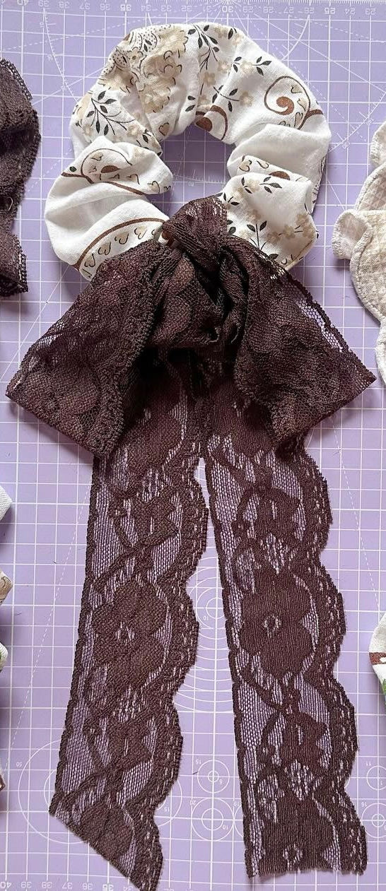 Beau Tie White/Brown Oversized Frill Scrunchie with Lace Bow