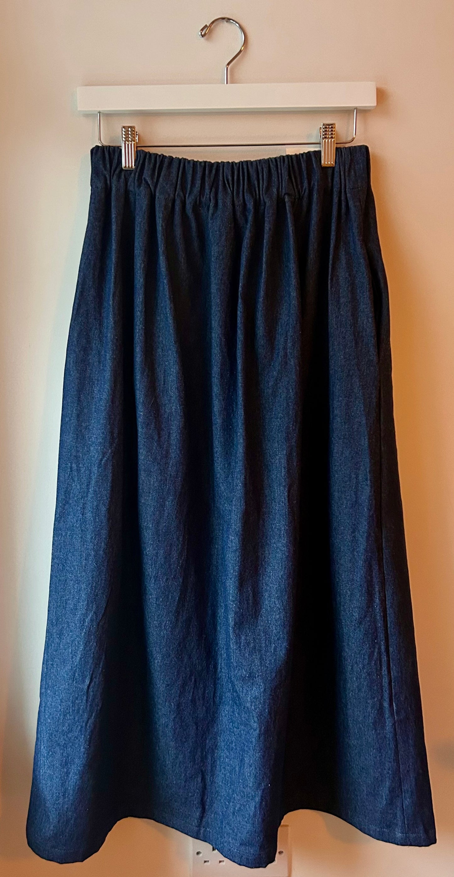 Dark wash denim maxi skirt