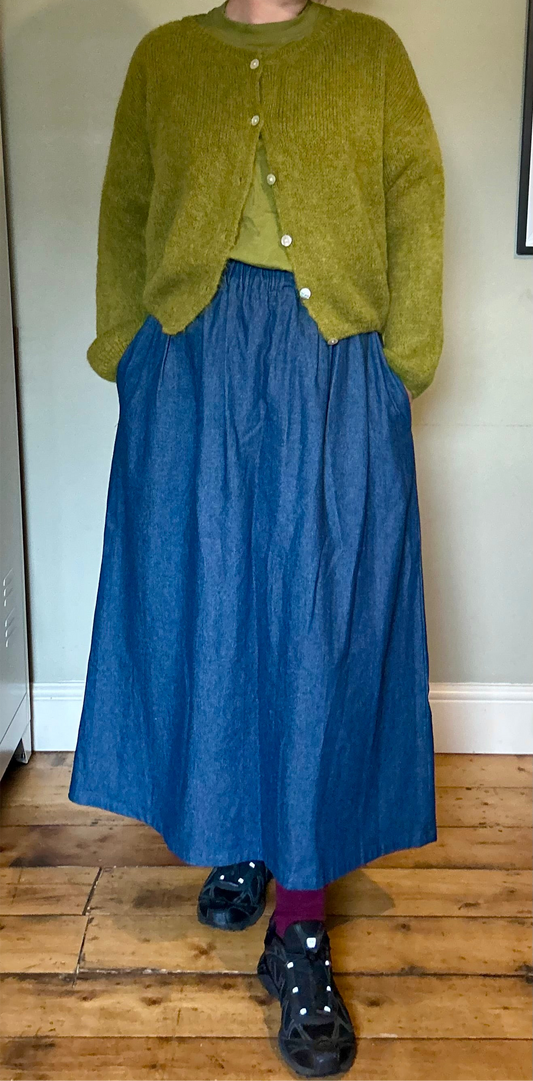 Dark wash denim maxi skirt