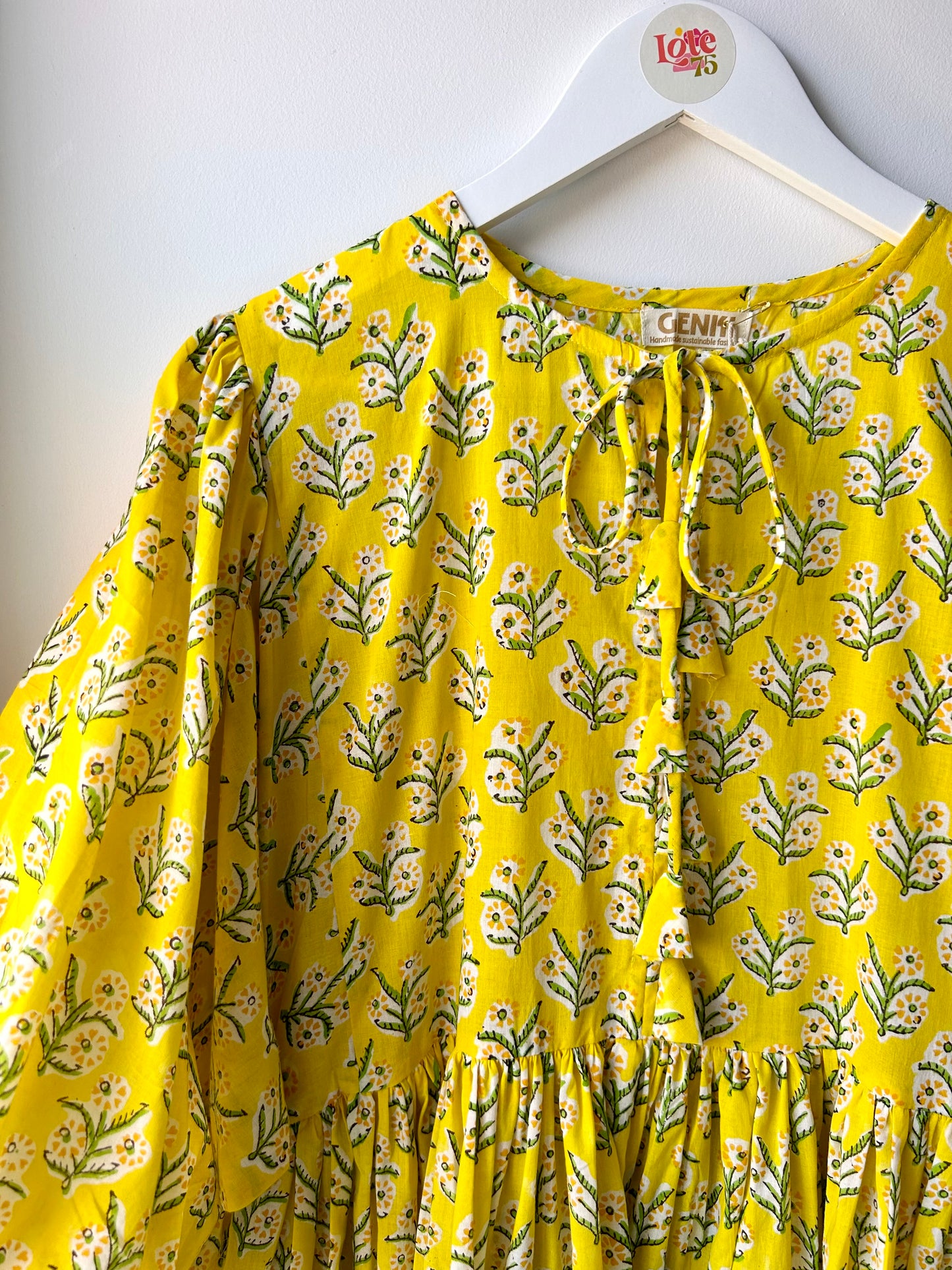 Yellow Floral Block Print Puff Sleeve Dress