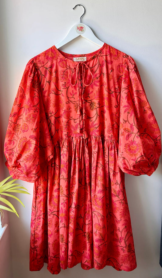 Red Block Print Puff Sleeve Dress