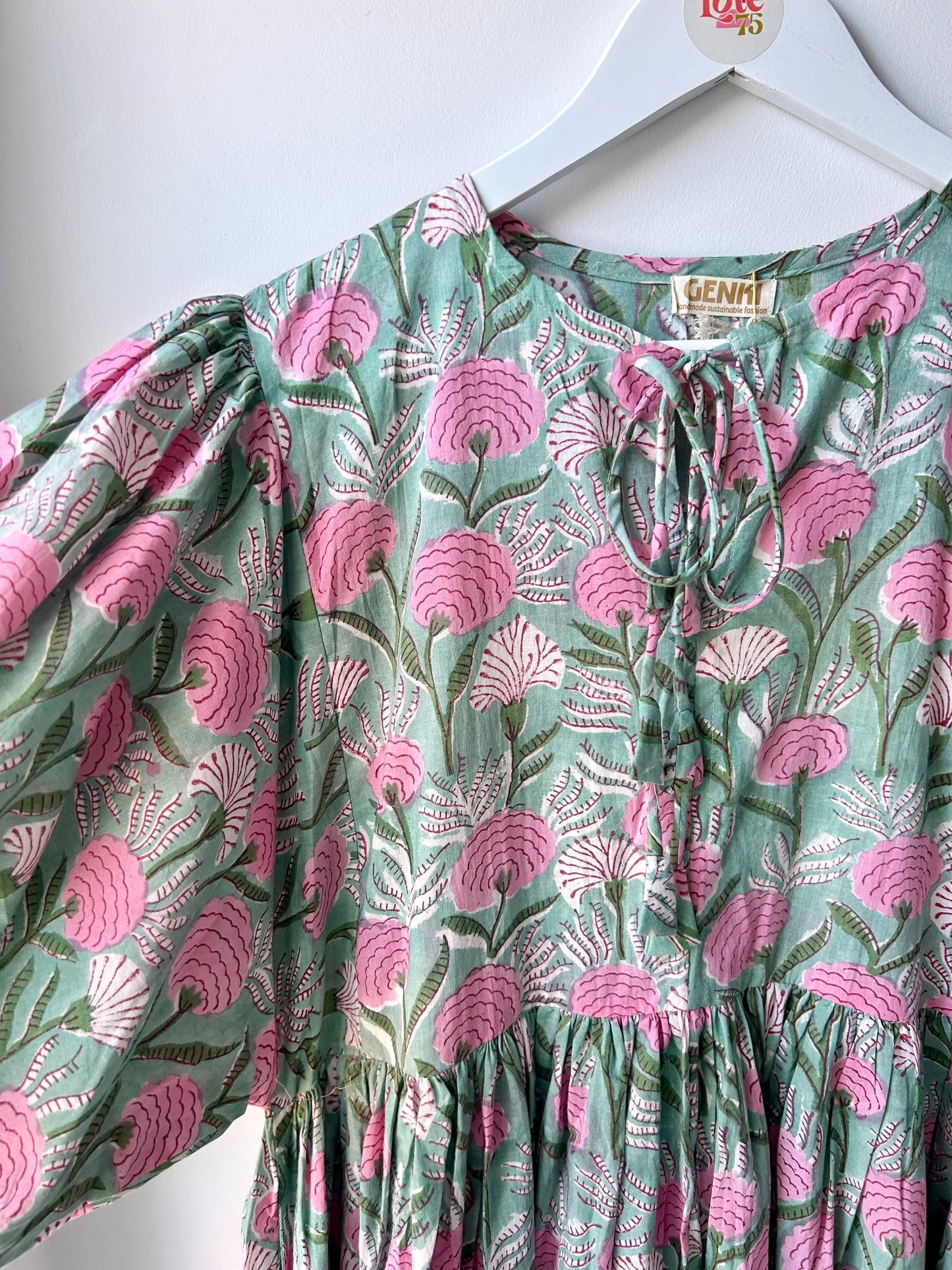 Green & Pink Block Print Puff Sleeve Dress