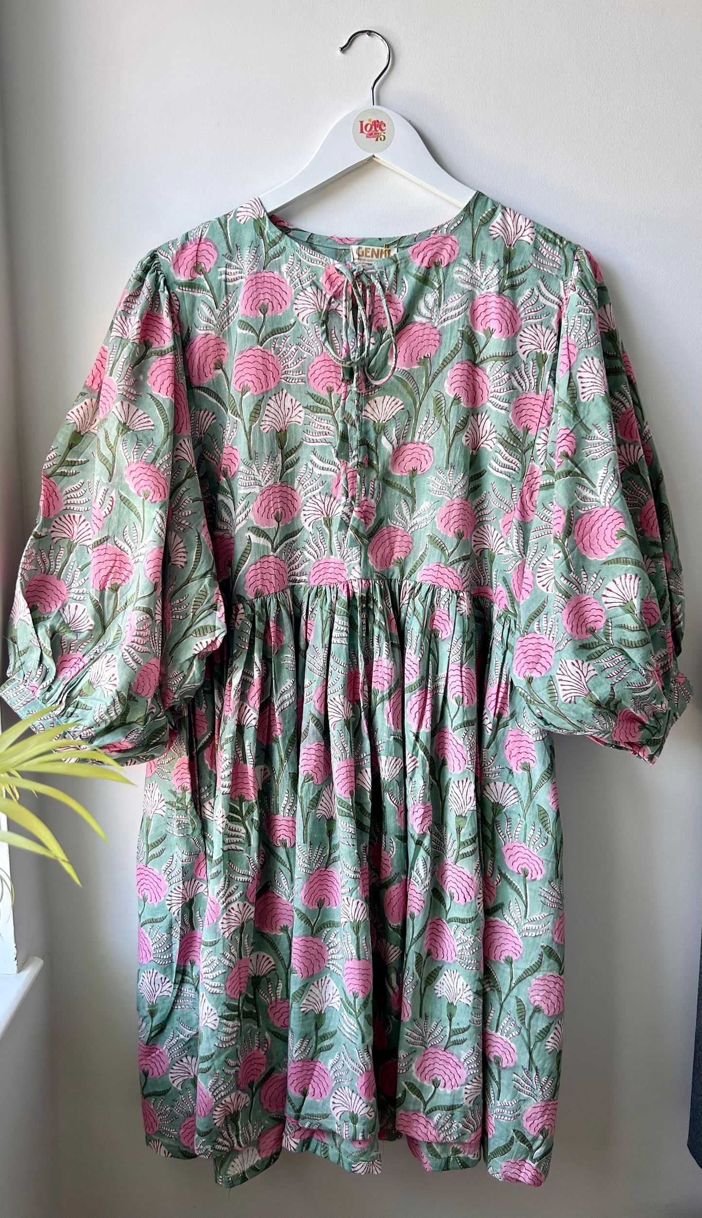 Green & Pink Block Print Puff Sleeve Dress