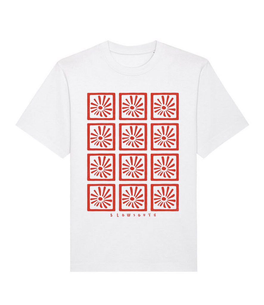 Slow South Red Floral Grid White Tee