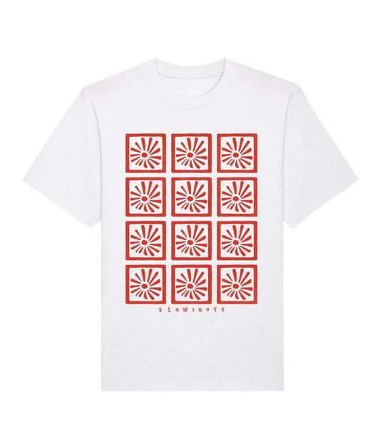 Slow South Red Floral Grid White Tee