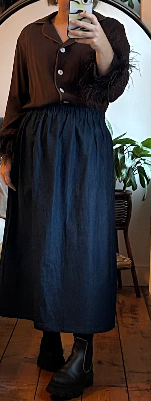 Dark wash denim maxi skirt