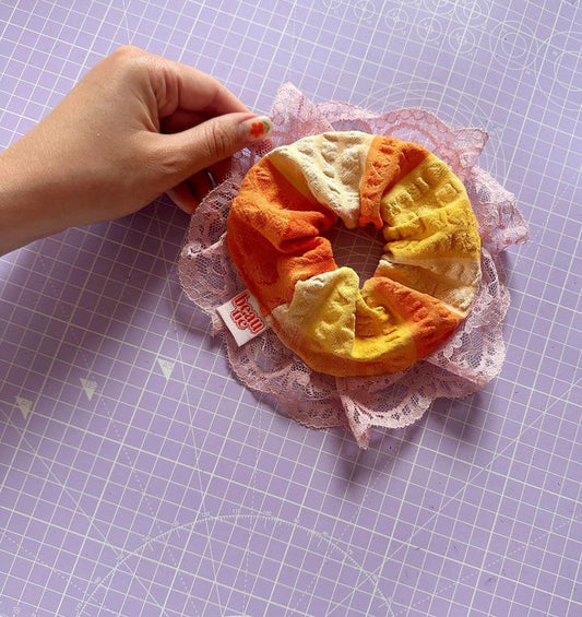 Beau Tie Sunset Seersucker Mini lace edge Scrunchie